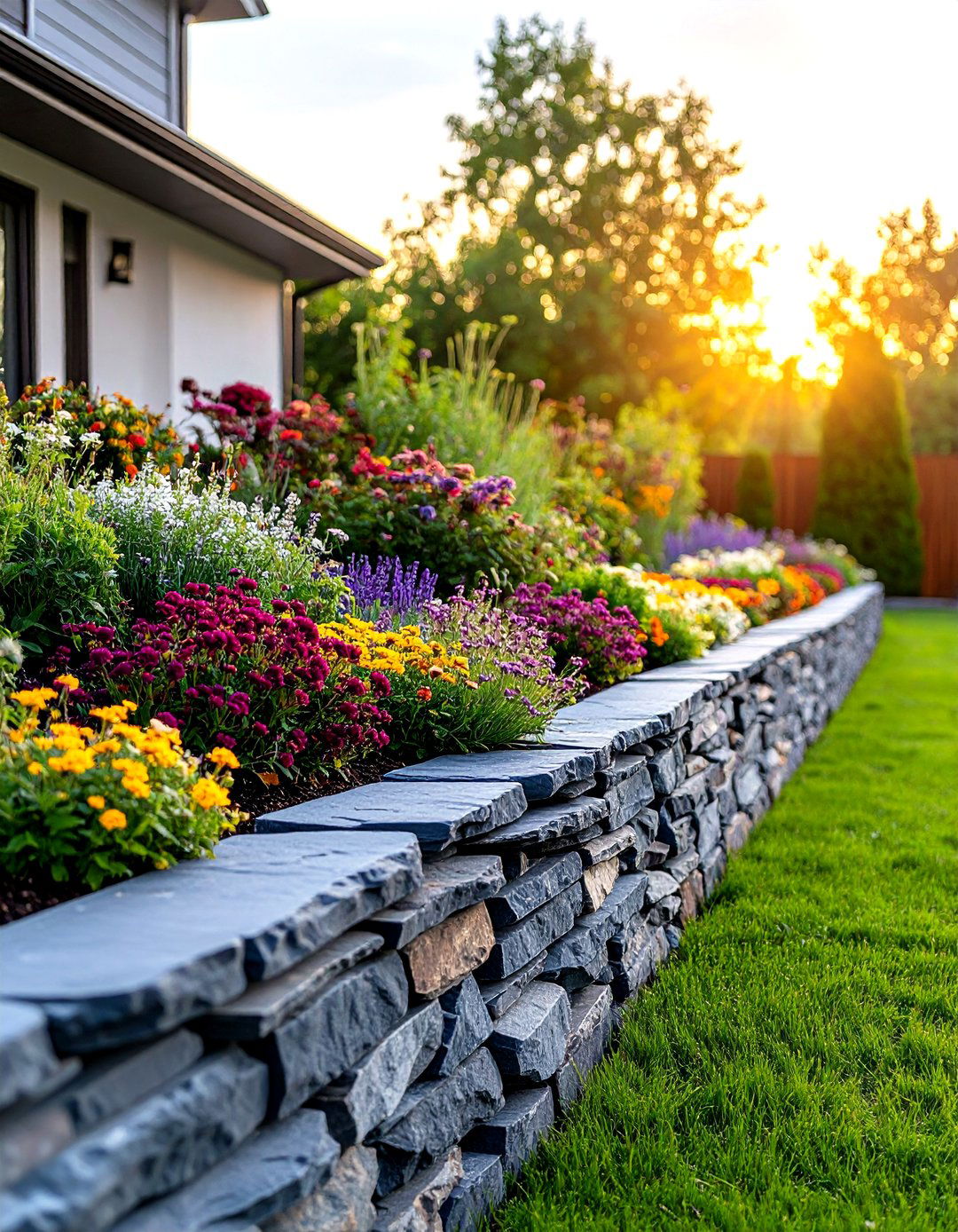Dry Stack Slate Retaining Wall for Textural Appeal - 30 retaining wall ideas for sloped front yard