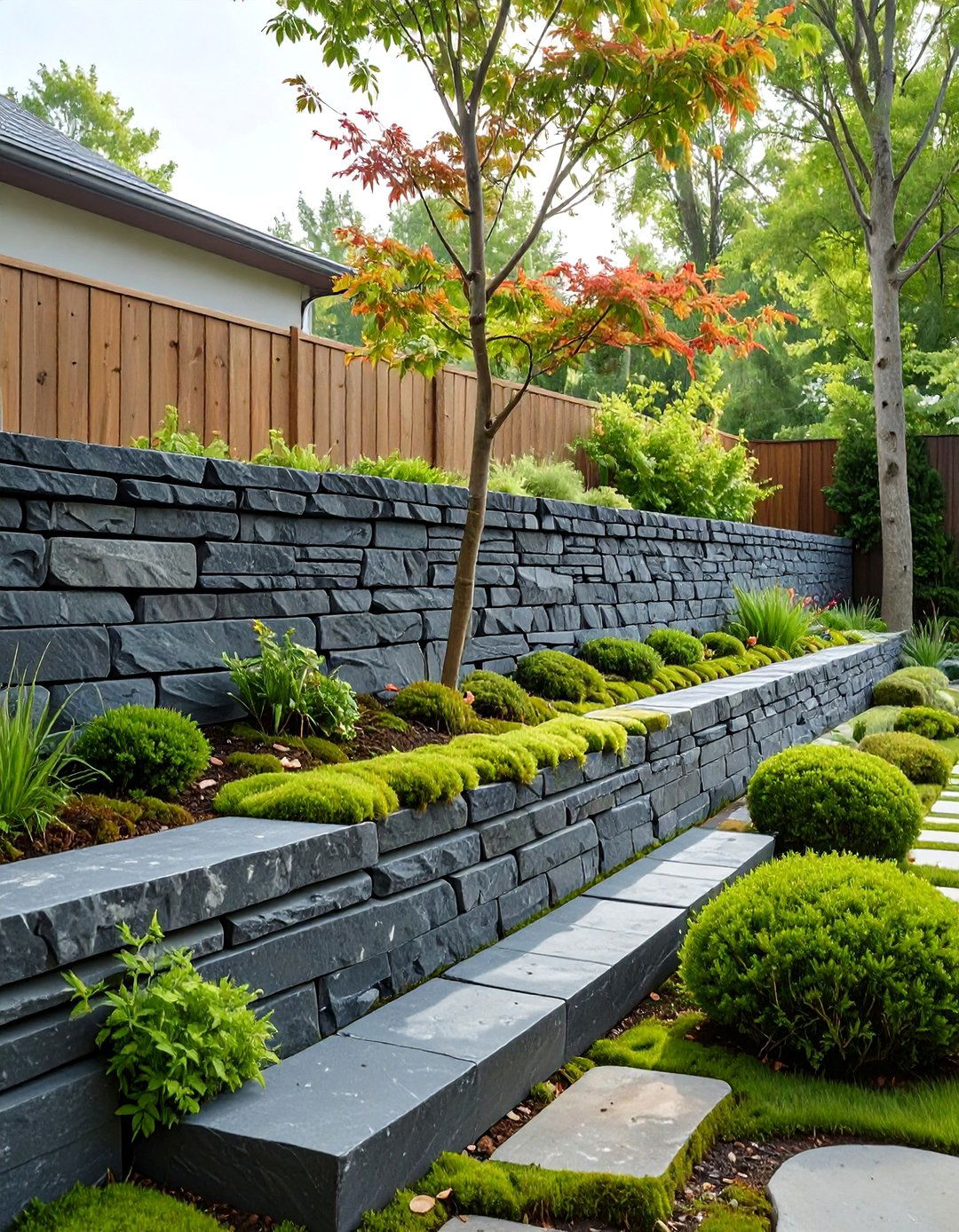 Dry Stack Slate Retaining Wall - 30 backyard retaining wall ideas