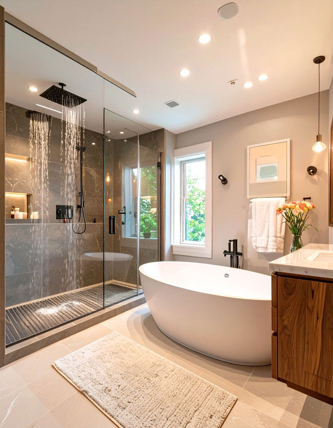 Dual Shower Heads and a Large Soaking Tub - 30 shower and tub ideas