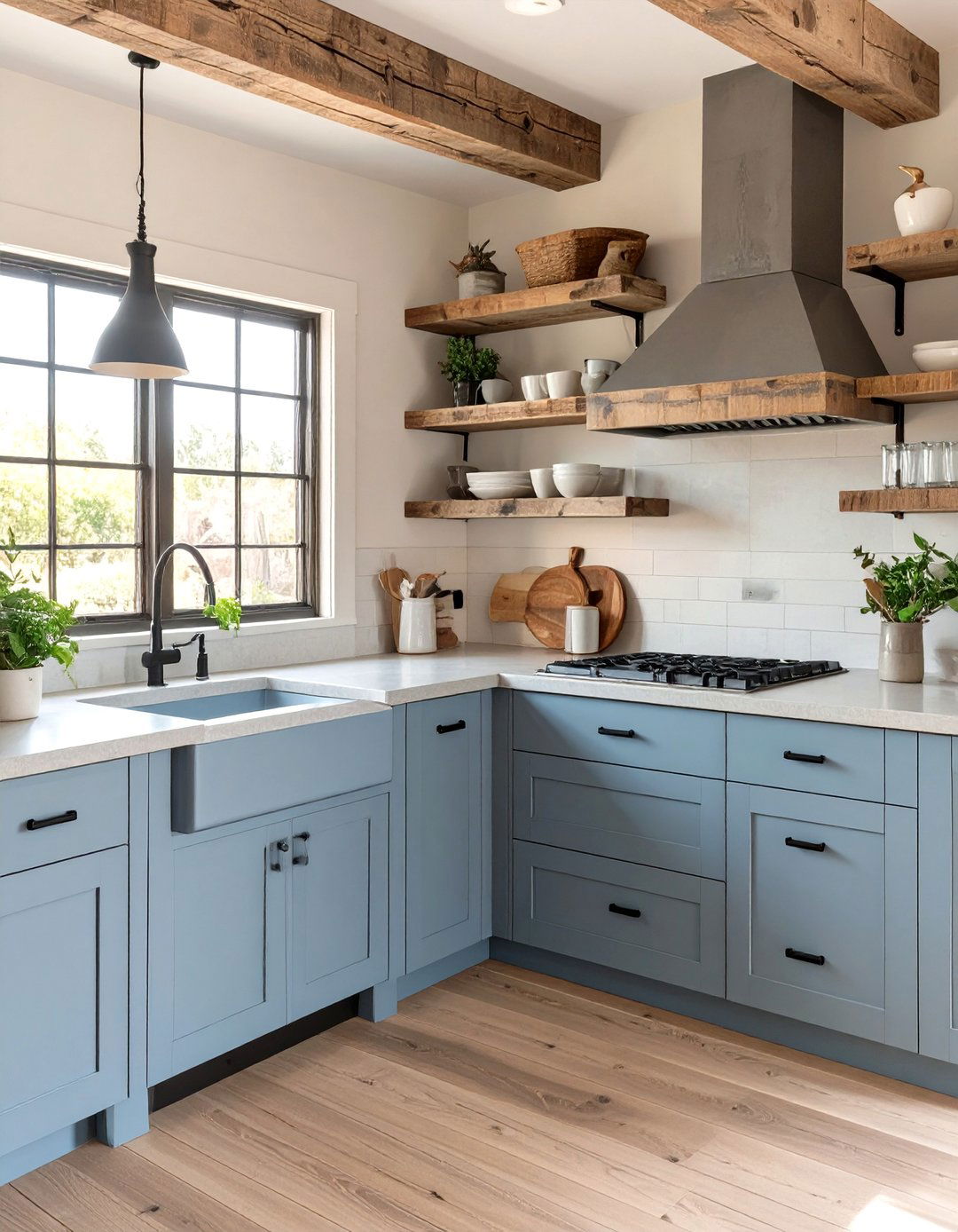 Dusty Blue Kitchen with Rustic Wood Shelves - 30 blue kitchen cabinets ideas