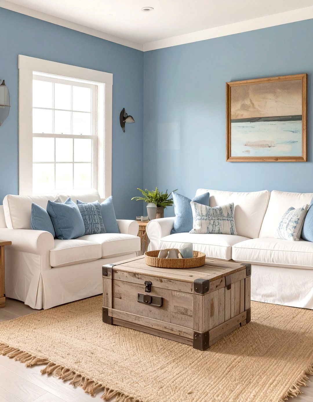 Dusty Blue and White Coastal Cottage - 30 modern basement color ideas decorating