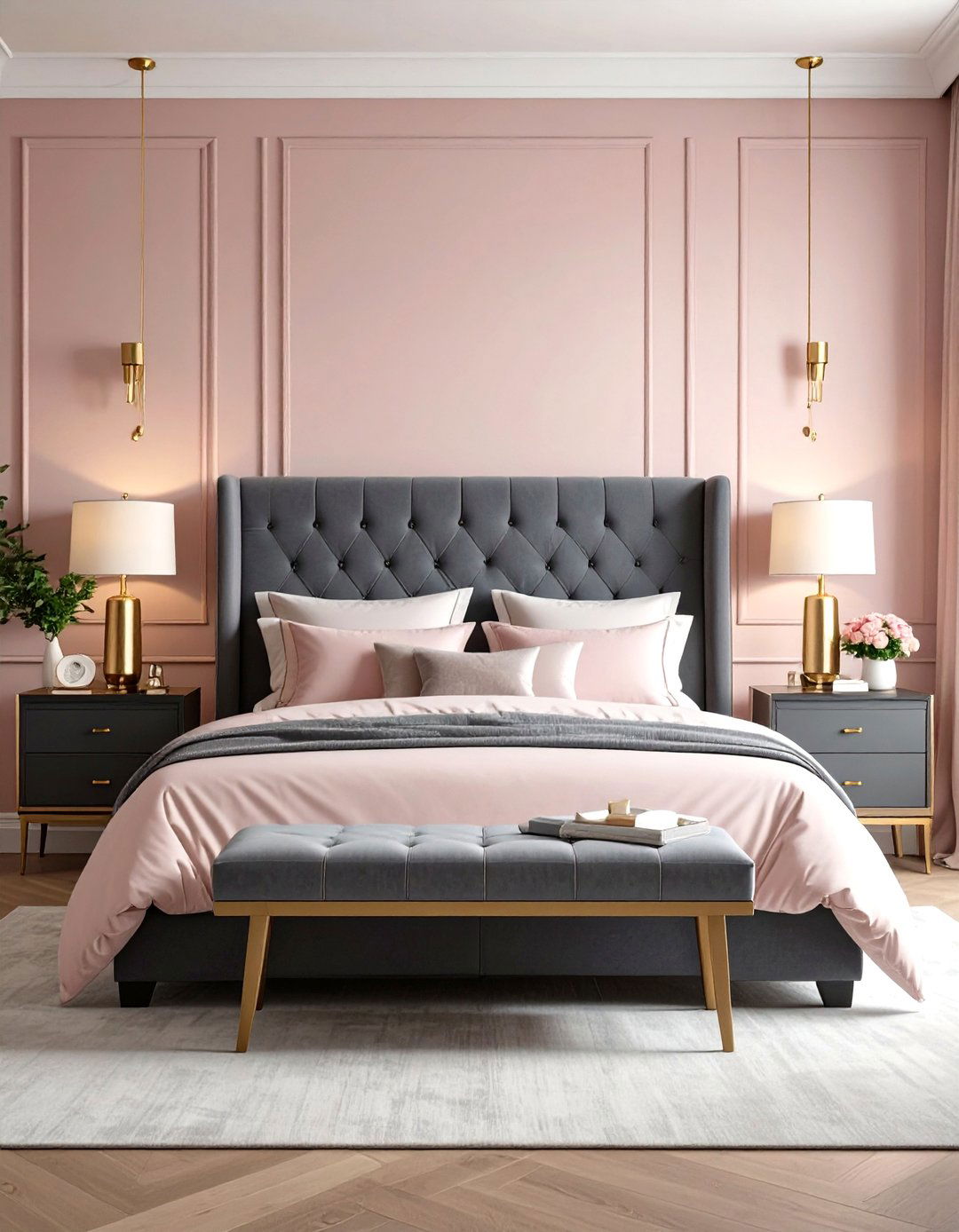 Dusty Rose and Charcoal Grey Pairing - 30 pink bedroom ideas for adults