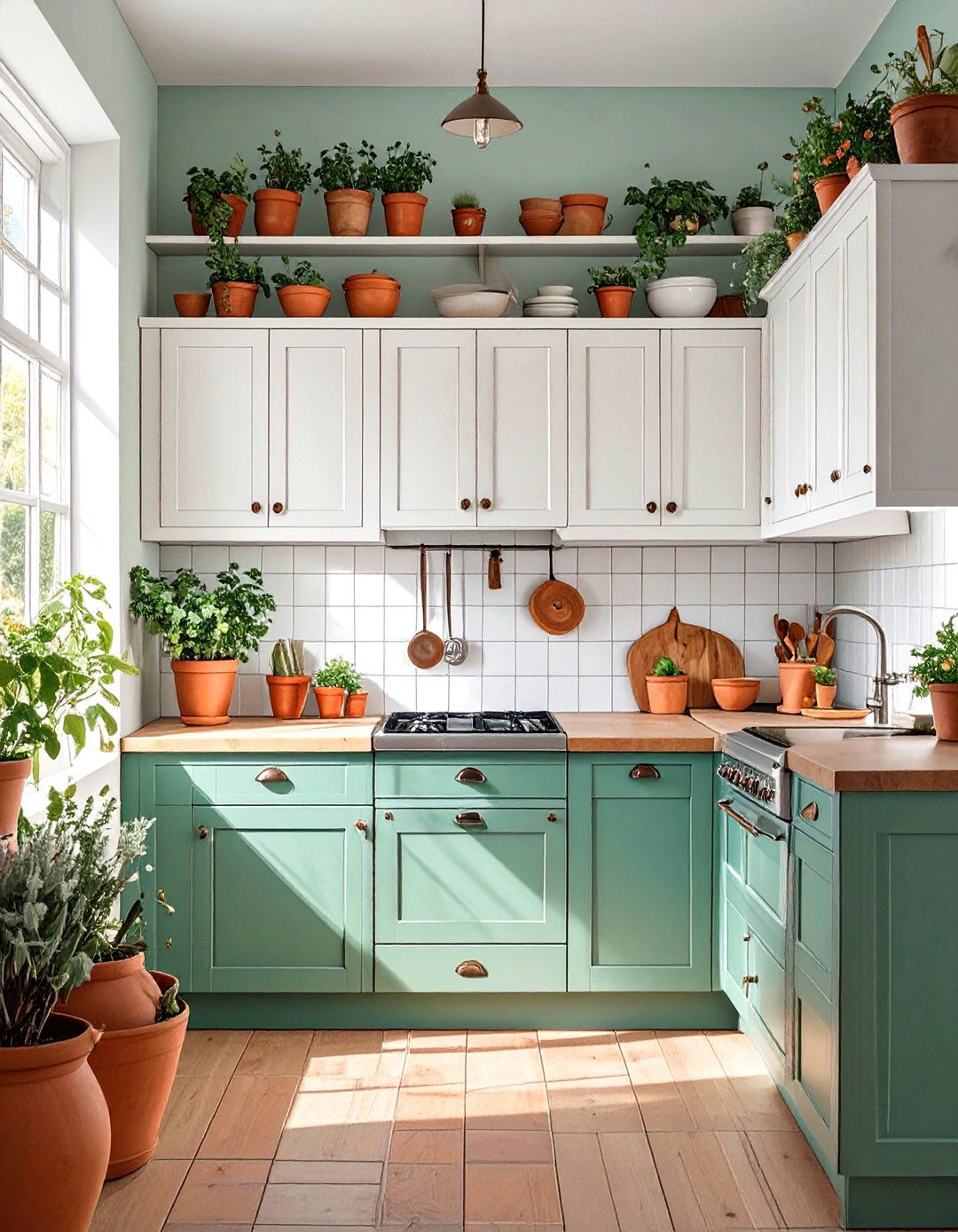 Earthy Green Lower Cabinets with White Uppers - 30 two tone kitchen cabinet ideas