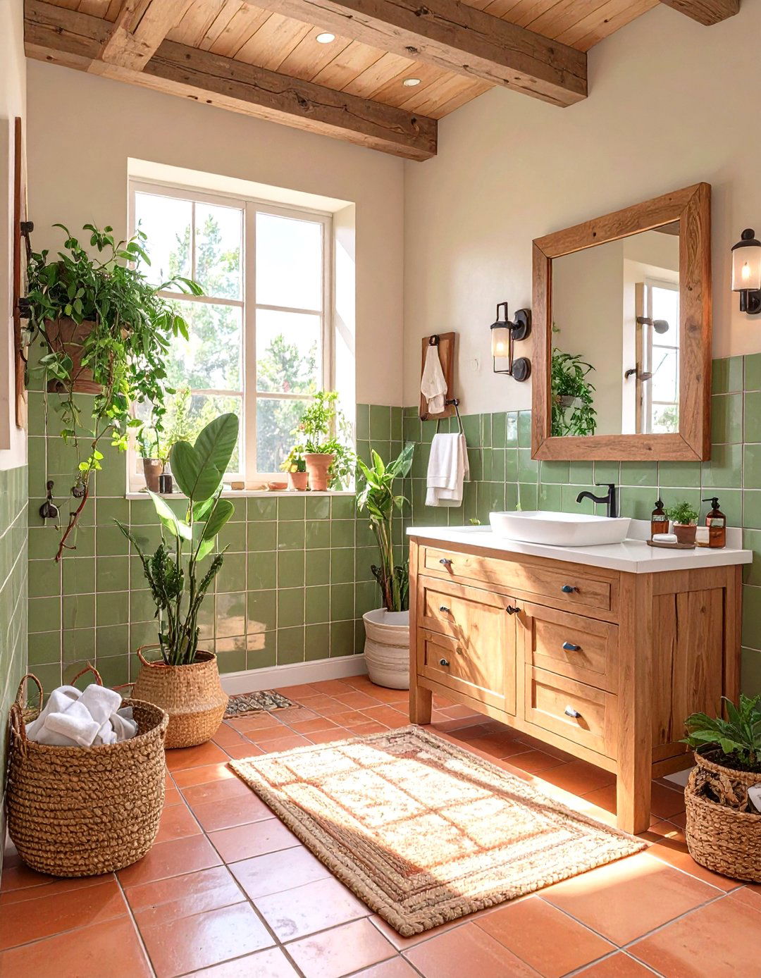 Earthy Terracotta and Green Bathroom - 30 green tile bathroom ideas