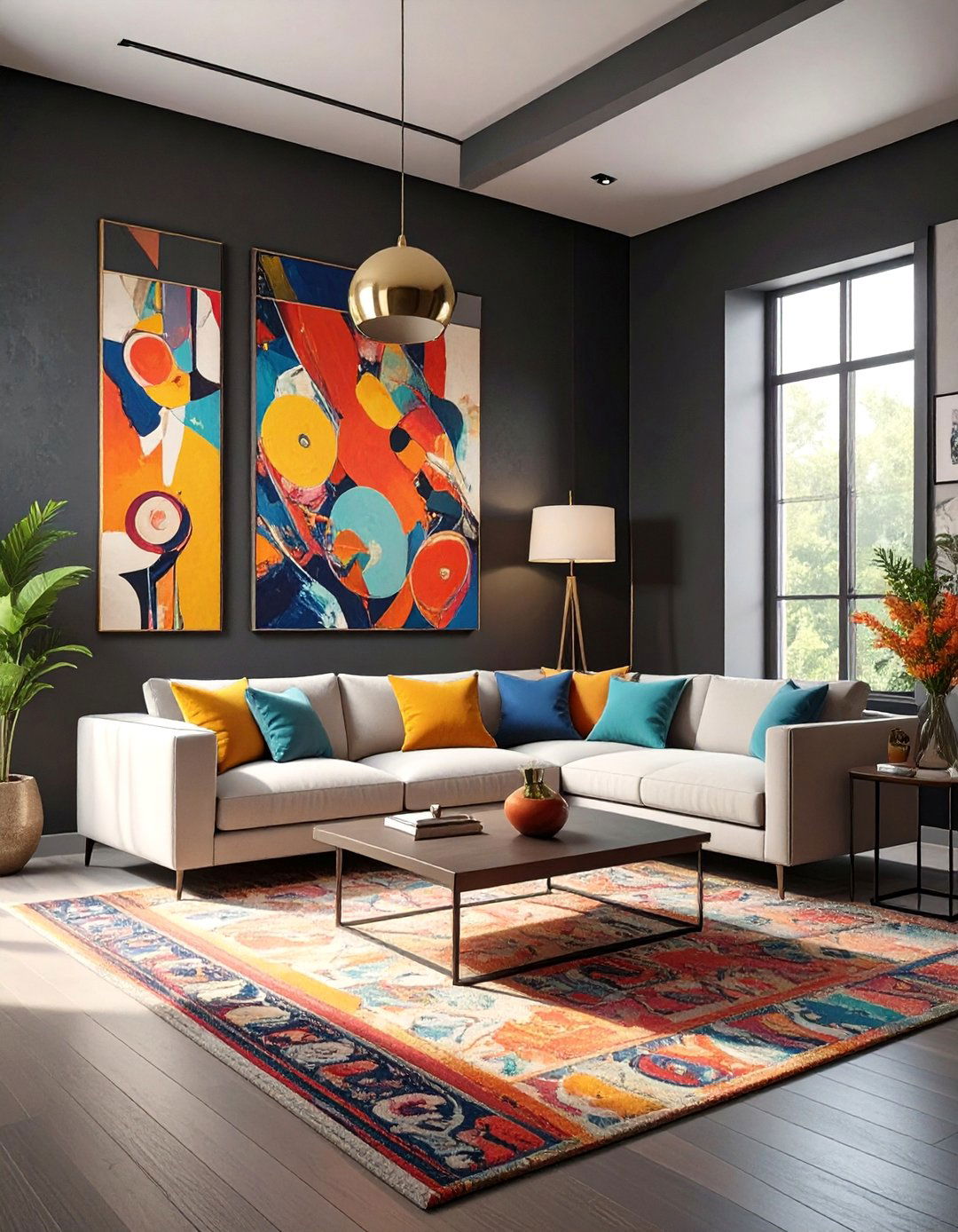 Eclectic Black Living Room with Colorful Art - 30 black living room ideas