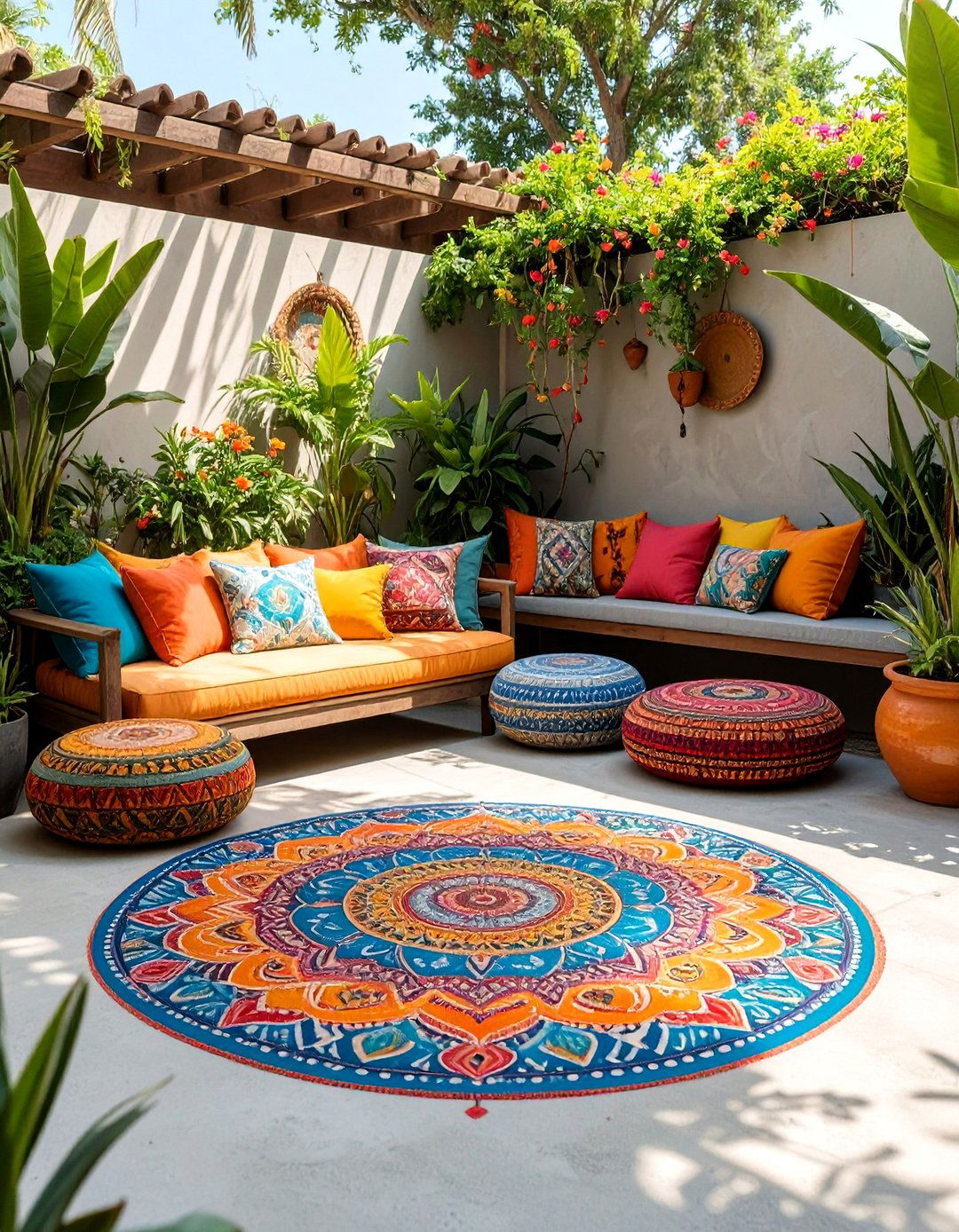 Eclectic Boho Patio with Painted Concrete Floor - 30 cement patio ideas