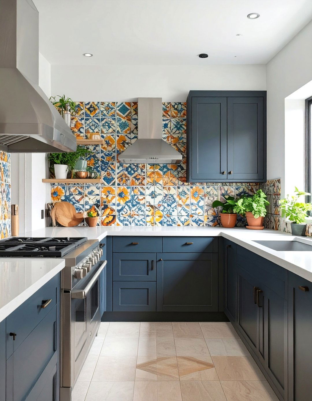Eclectic Dark Kitchen with Patterned Tile - 30 dark kitchen ideas