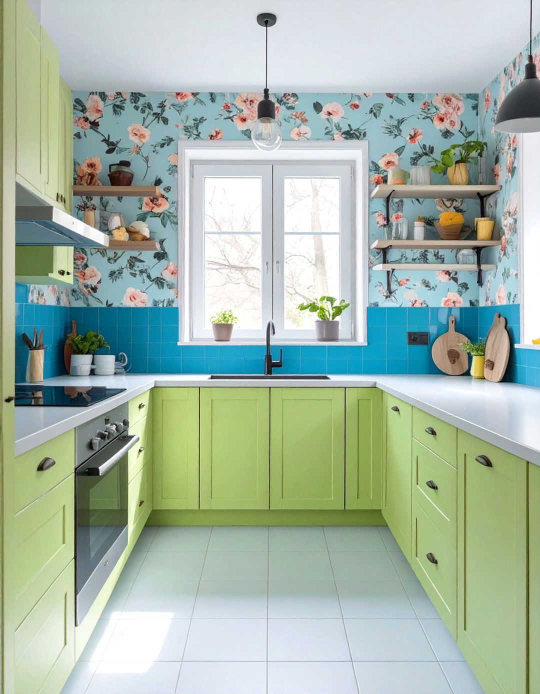 Eclectic Kitchen with Bright Lime Green Cabinets - 30 green kitchen cabinets ideas