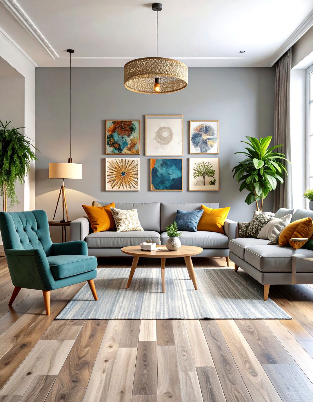 Eclectic Living Room with Mixed Grey Tone Floors - 30 grey flooring living room ideas