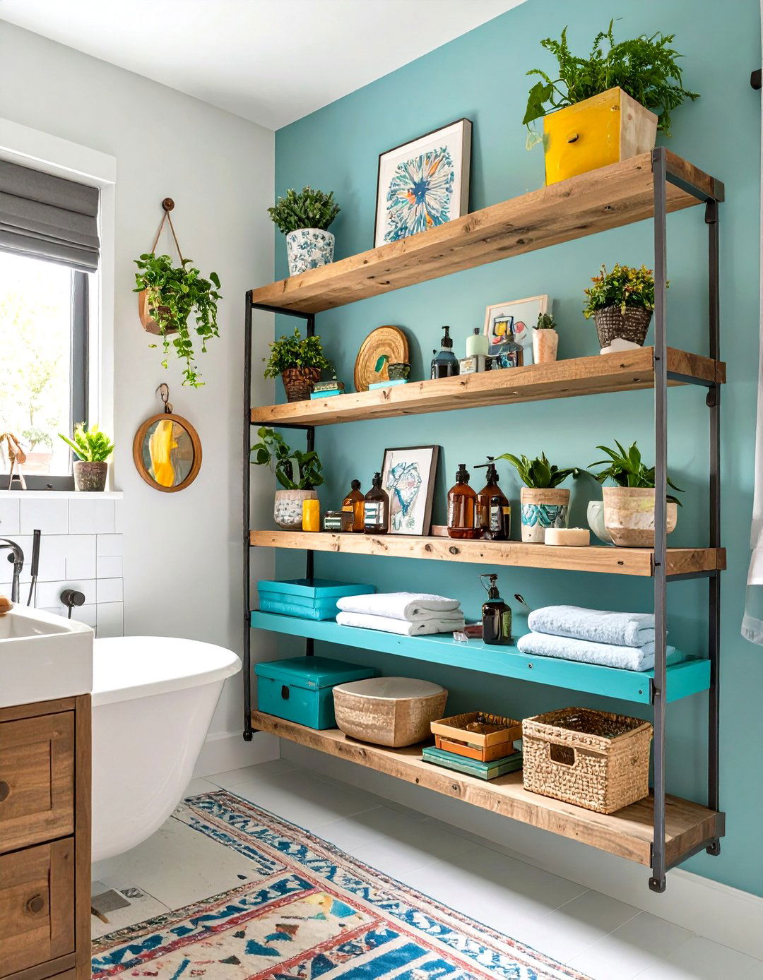 Eclectic Mix and Match Shelving - 30 floating shelves bathroom ideas