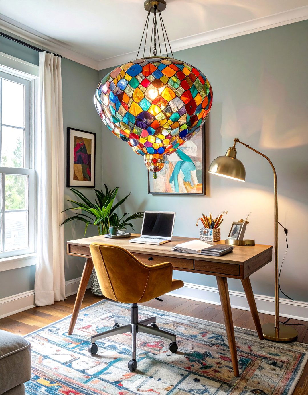 Eclectic Mix with a Statement Chandelier - 30 home office lighting ideas