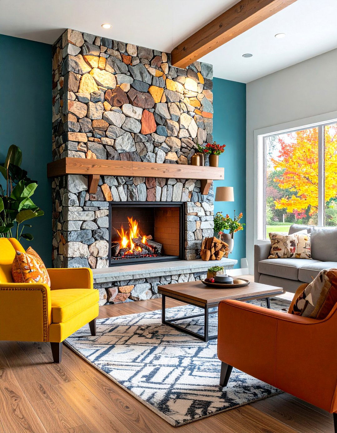 Eclectic Mixed Stone Mosaic Fireplace - 30 living room stone fireplace ideas