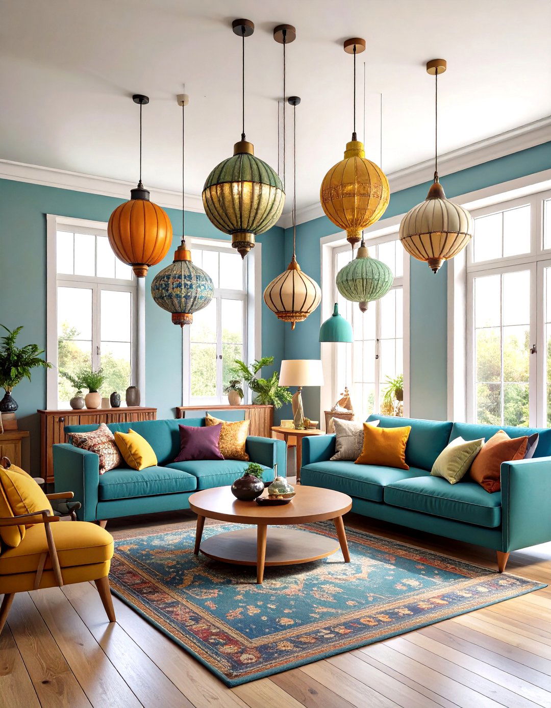 Eclectic Multi Pendant living room ceiling lighting - 30 living room ceiling lighting ideas