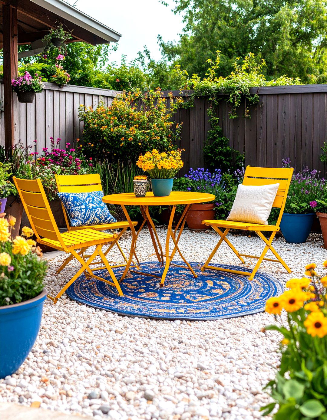 Eclectic Pea Gravel Patio with Colorful Furniture - 30 pea gravel patio ideas