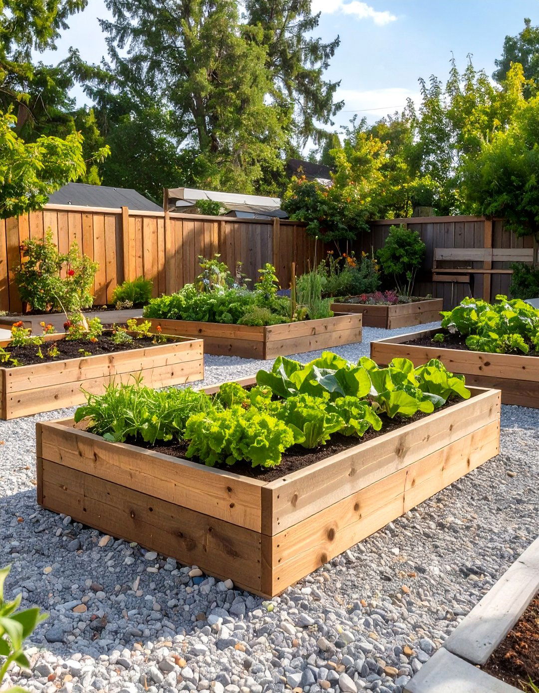 Edible Gravel Garden with Raised Beds - 30 low budget backyard designs with gravel