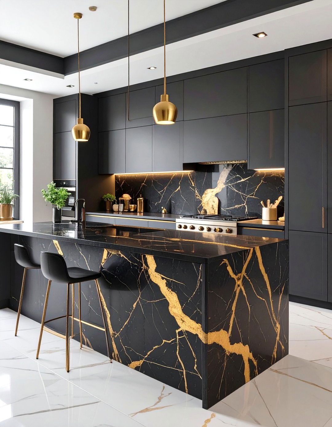 Elegant Black Marble with Gold Veining Kitchen Backsplash - 30 backsplash kitchen ideas