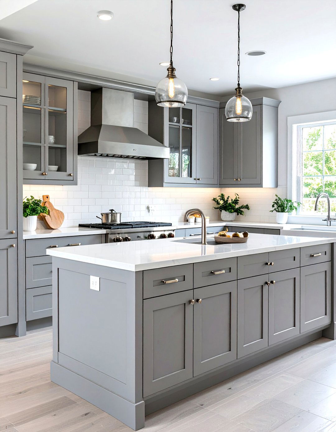 Elegant Grey Kitchen with Glass Front Cabinets - 30 grey kitchen cabinets ideas