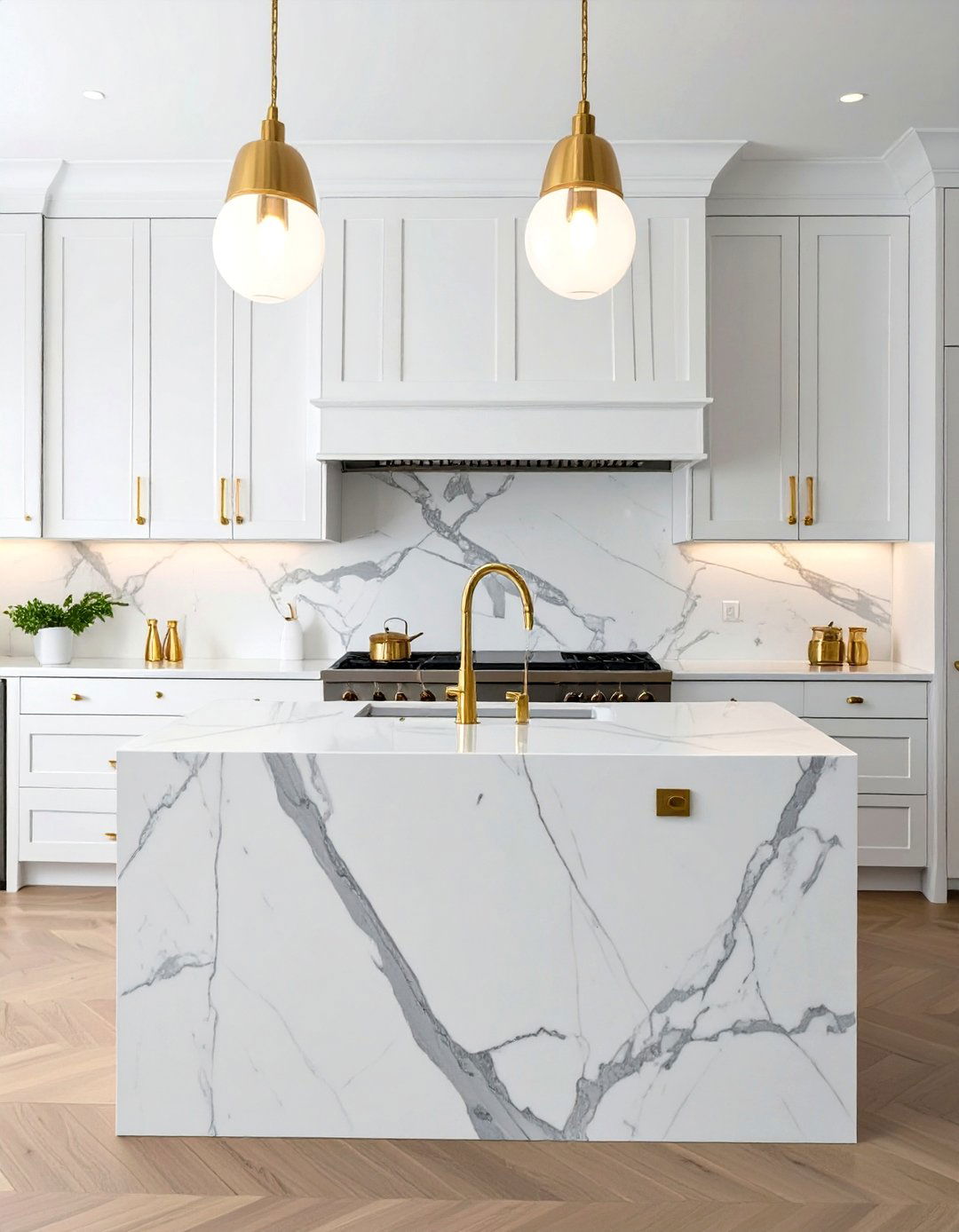 Elegant Marble Slab Backsplash - 30 white cabinet kitchen backsplash ideas