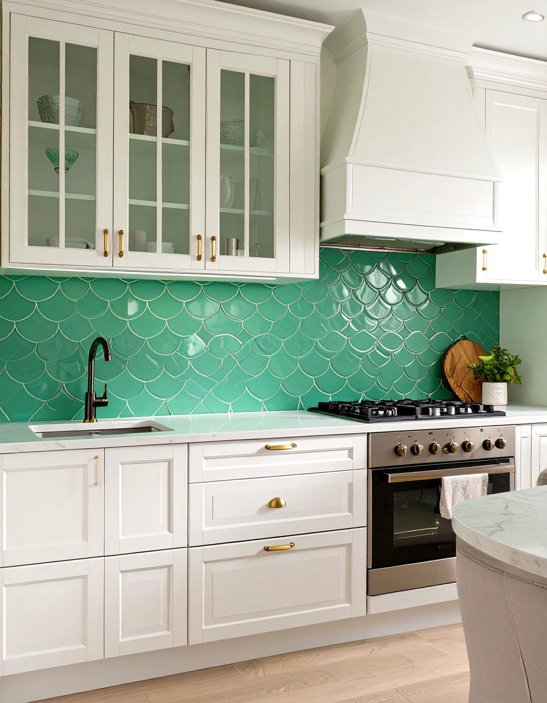 Elegant Scalloped Fish Scale Tile Backsplash - 30 white cabinet kitchen backsplash ideas