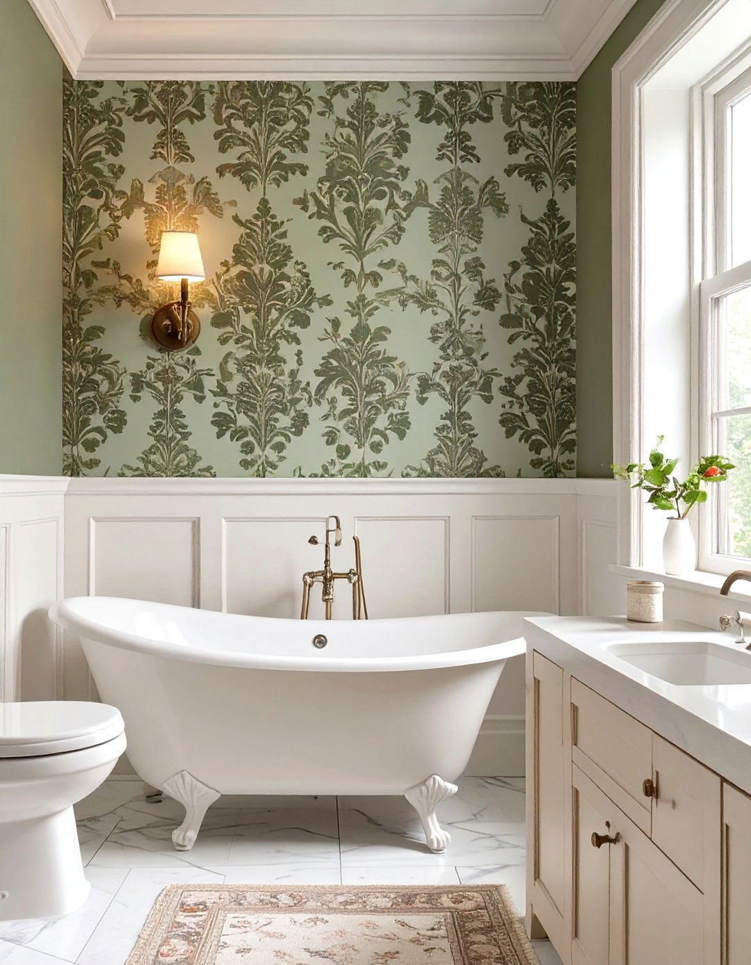 Elegant Wainscoting with Wallpaper - 30 bathroom accent wall ideas