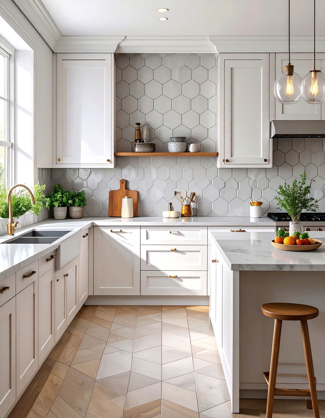 Elongated Hexagon Tile Backsplash - 30 backsplash ideas for white cabinets and quartz countertops