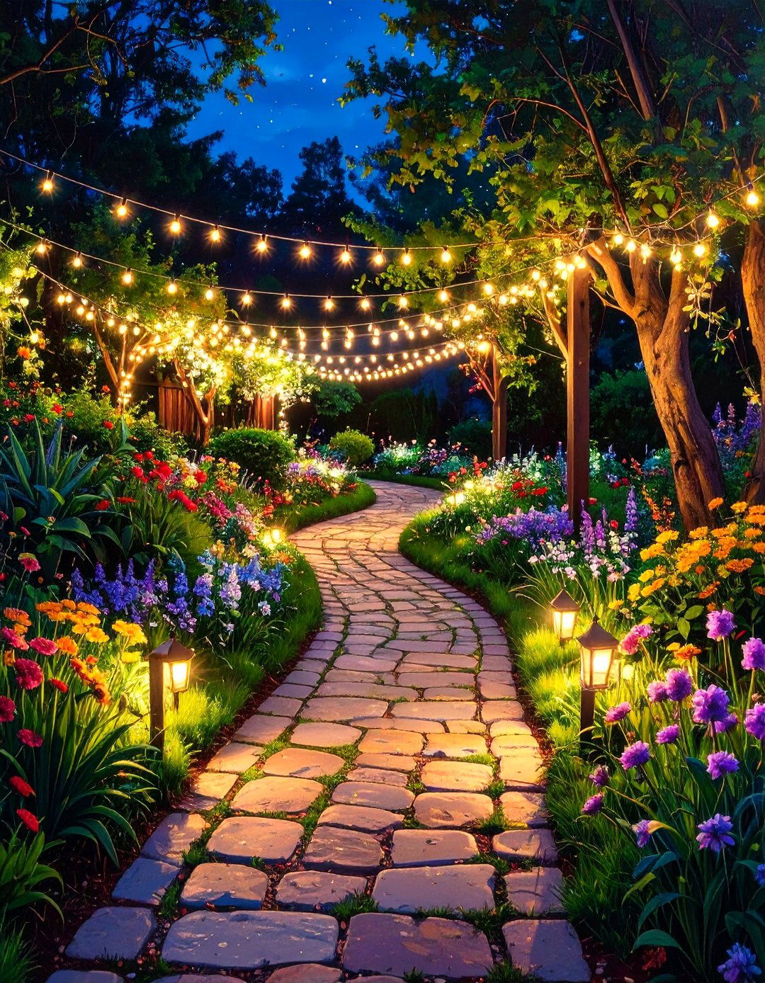Enchanted Garden Pathway - 30 backyard string light ideas