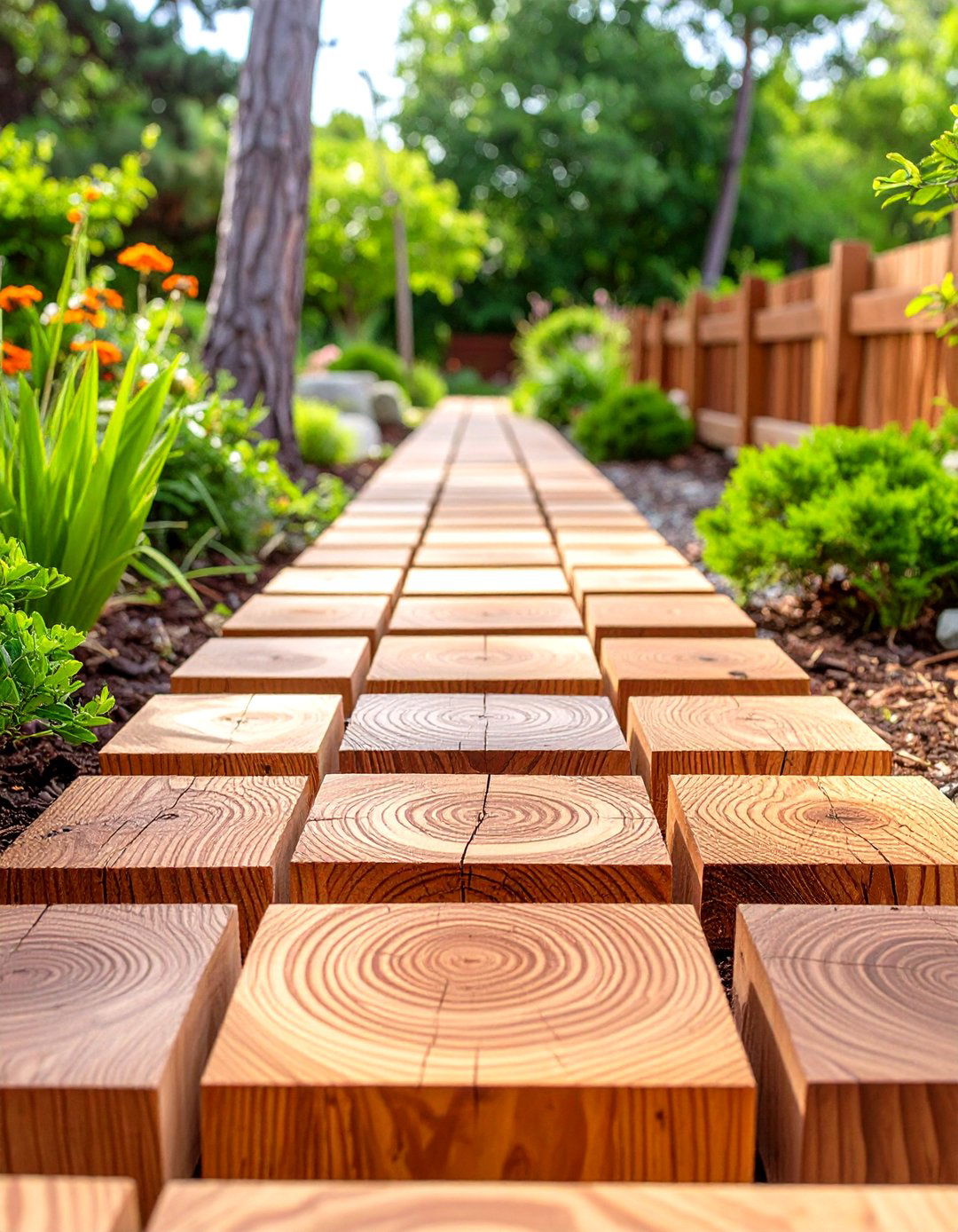End Grain Wood Block Garden Path - 30 unique garden path ideas