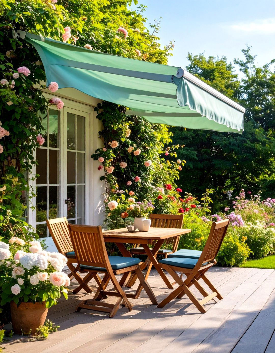English Garden Awning with Trellis - 30 deck awning ideas