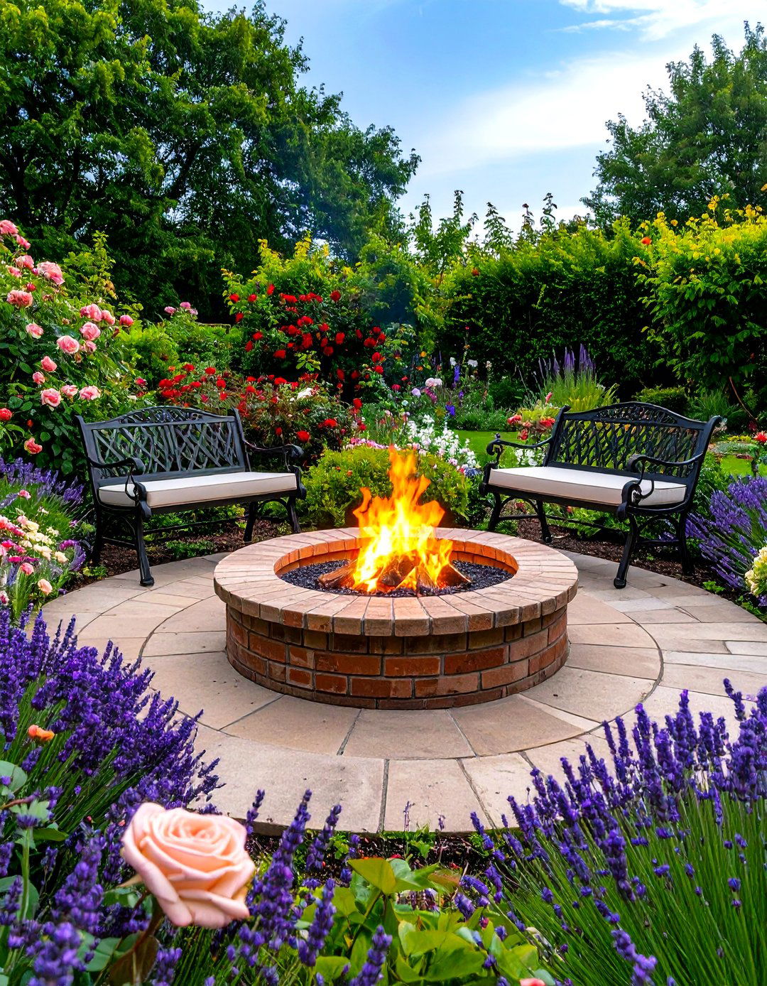 English Garden Firepit Nook - 30 firepit patio ideas