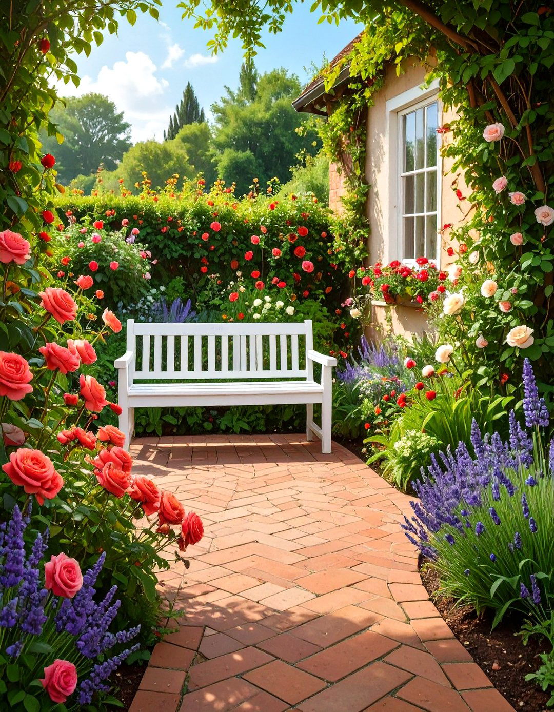 English Garden Patio with Brick and Abundant Florals - 30 outdoor patio design pictures ideas