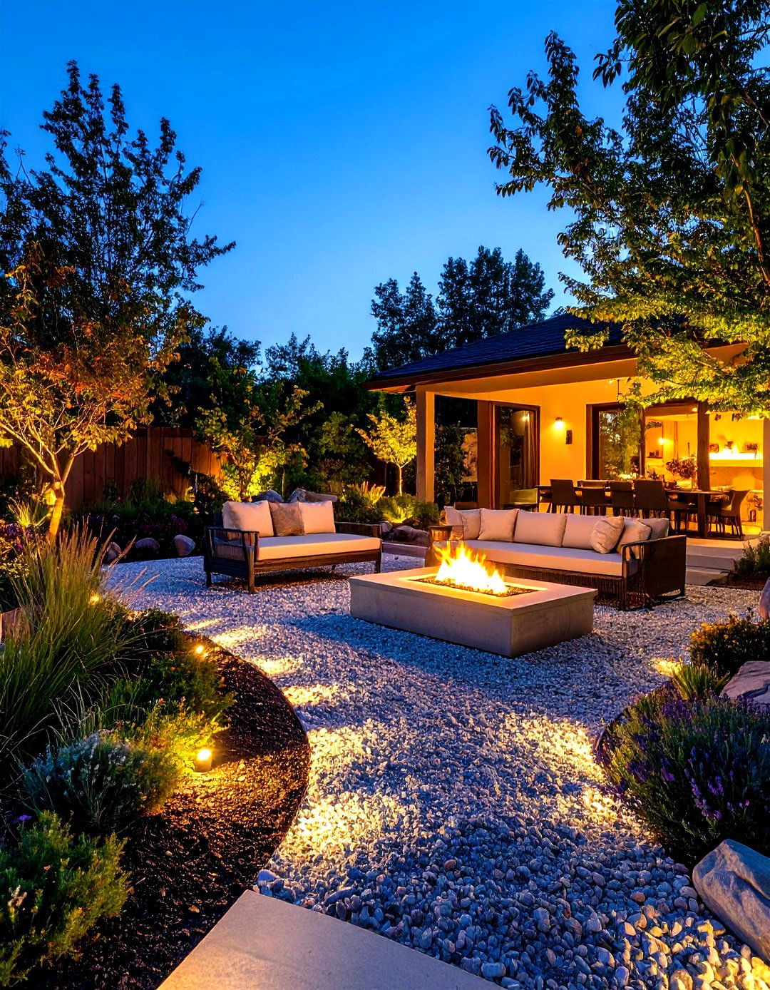 Evening Entertainment Area with Glow in the Dark Gravel - 30 gravel landscaping ideas