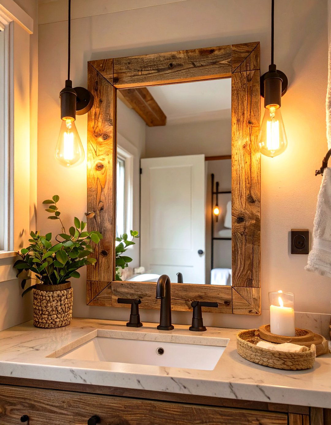 Exposed Bulb Lighting in a Small Farmhouse Bathroom - 30 small farmhouse bathroom ideas