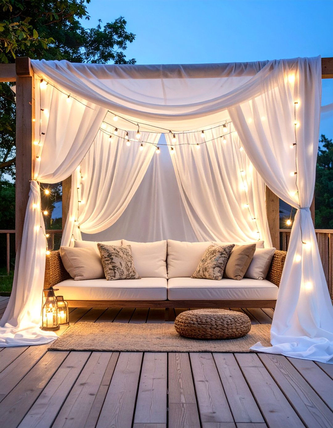 Fabric Canopy with String Lights - 30 deck cover ideas