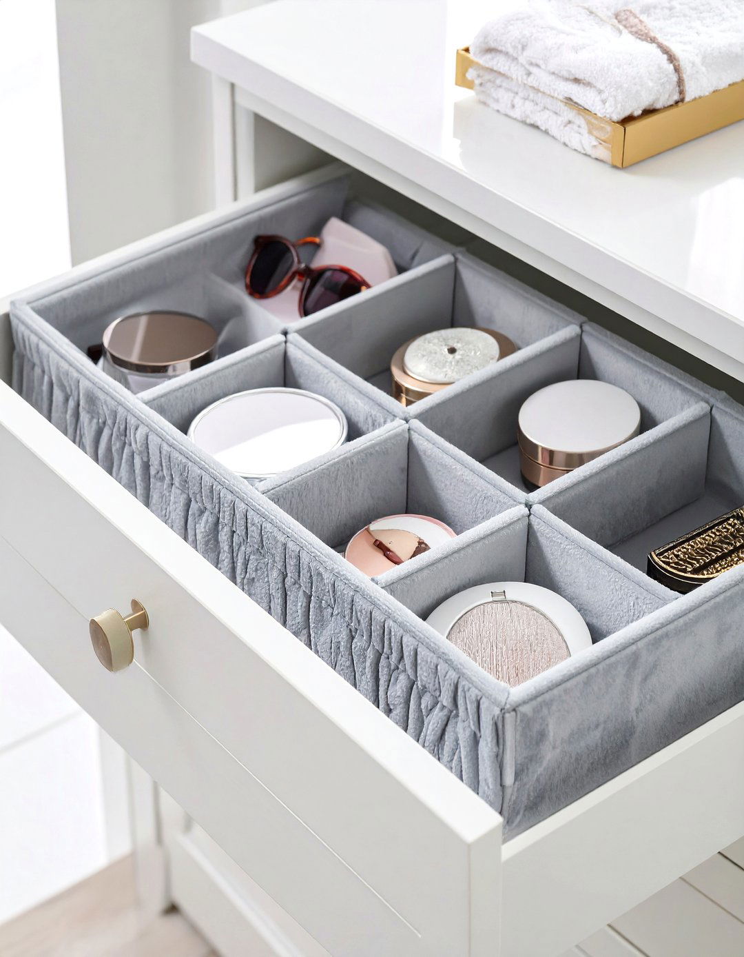 Fabric Lined Drawer Organizers for a Soft Touch - 30 bathroom drawer organization ideas