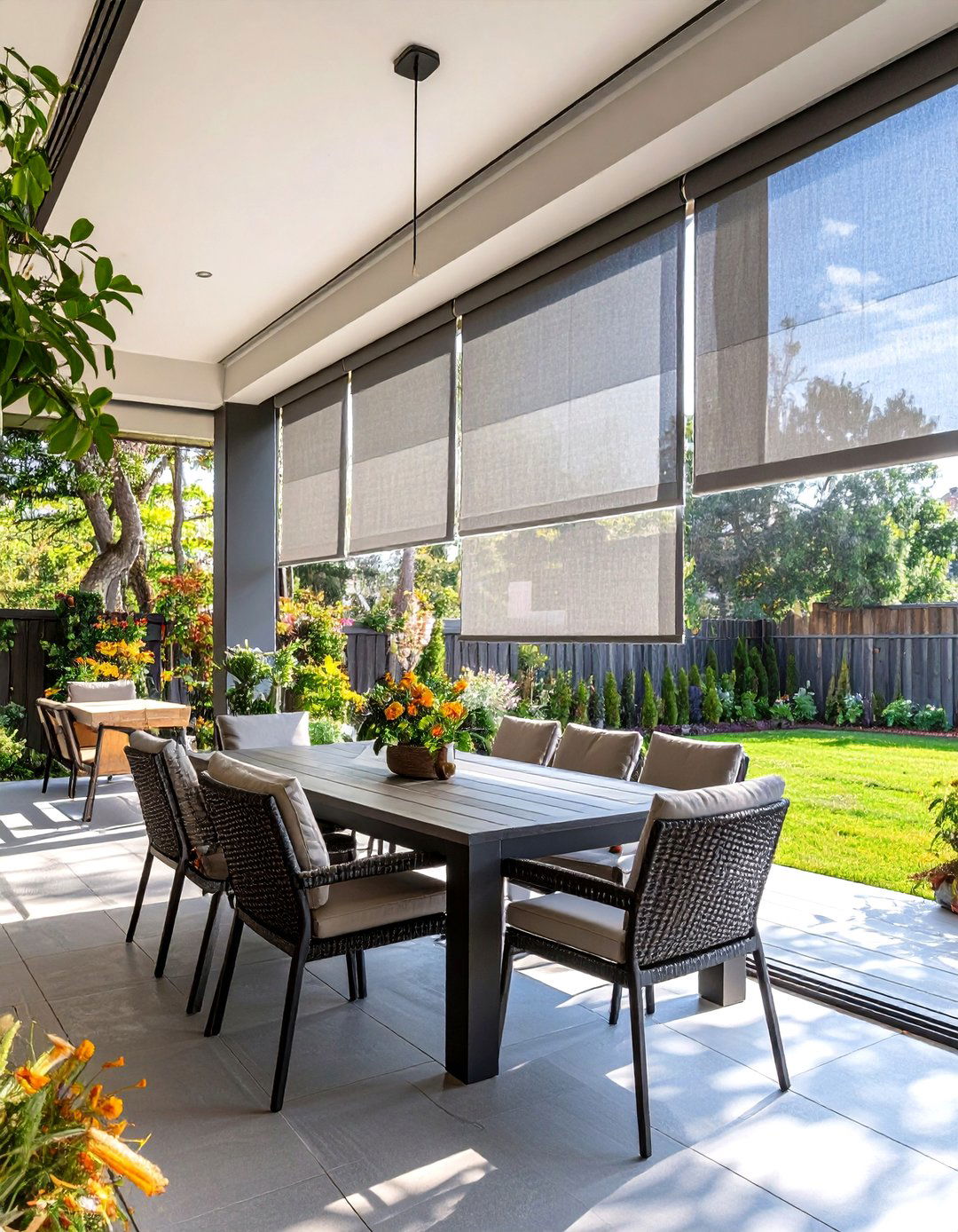 Fabric Panel Shades on a Track System - 30 porch privacy ideas
