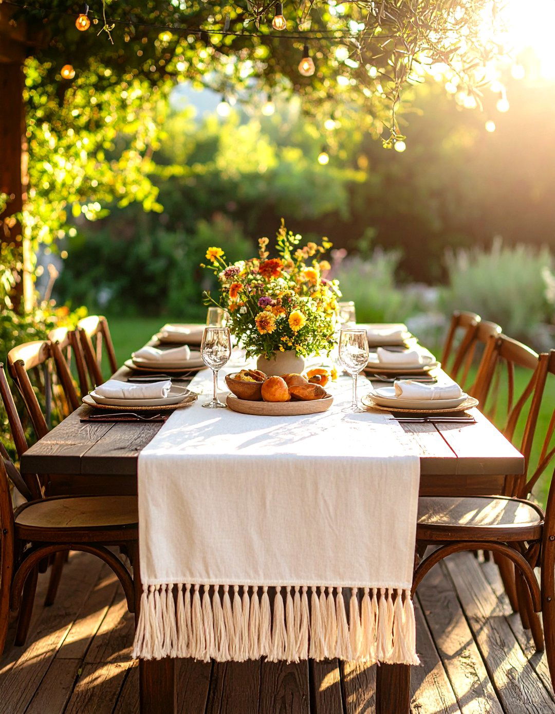 Fabric Runner with Tassels - 30 outdoor table decor ideas