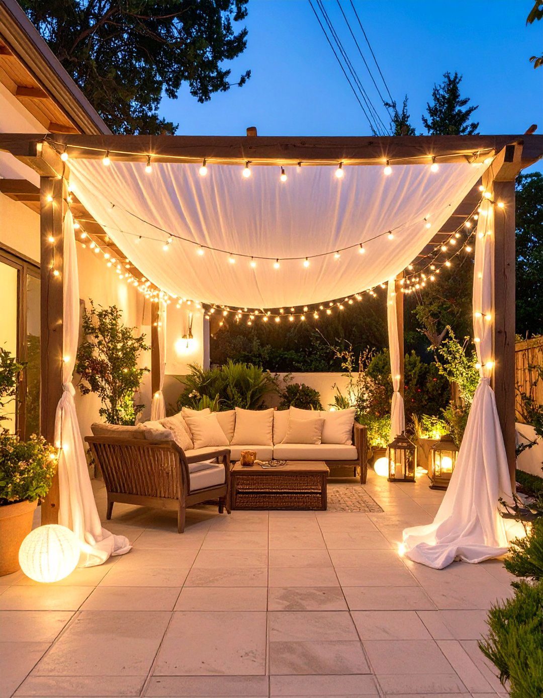 Fabric Sail with String Lights - 30 cheap patio cover ideas