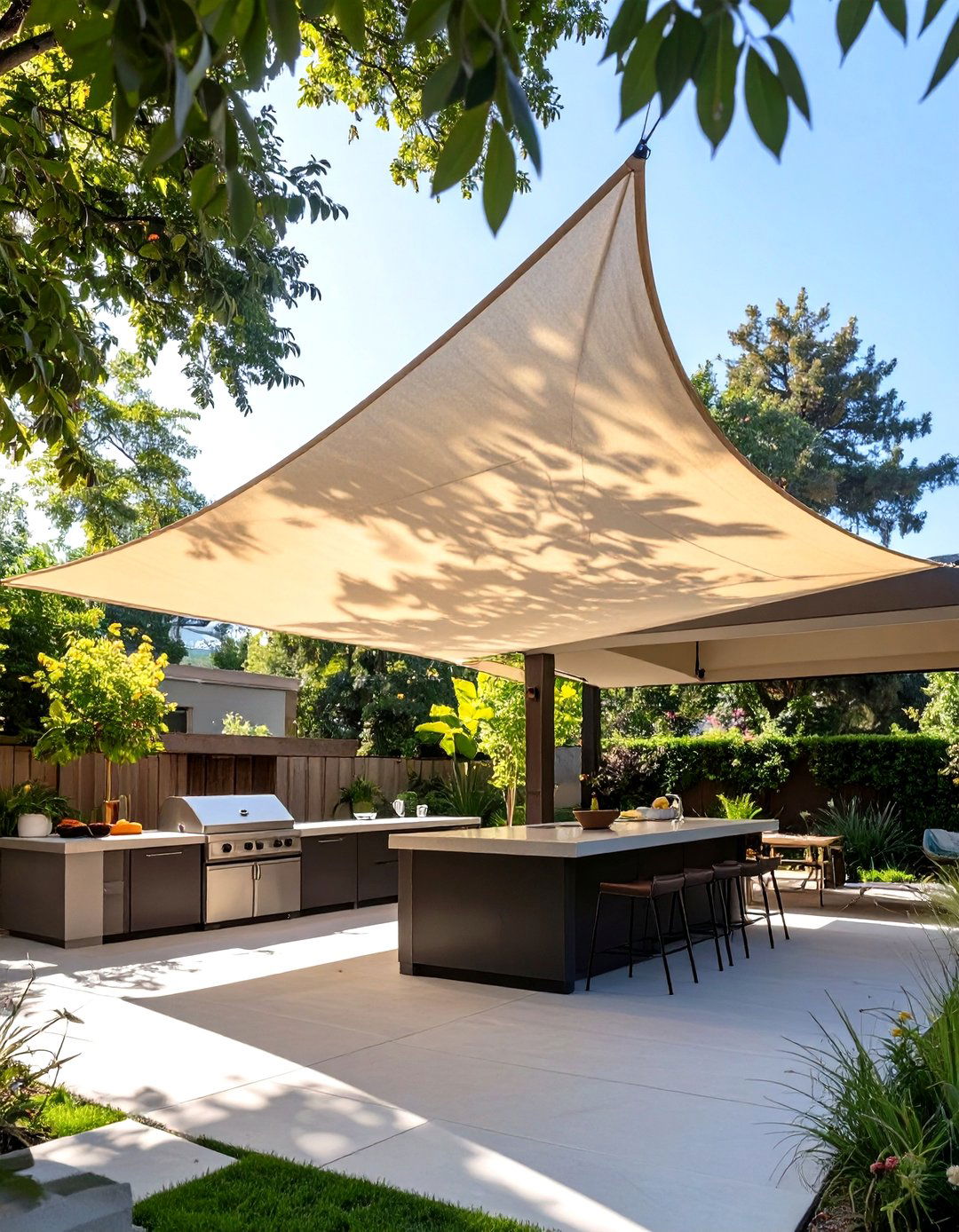 Fabric Shade Sail for Cover - 30 outdoor kitchen ideas on a budget