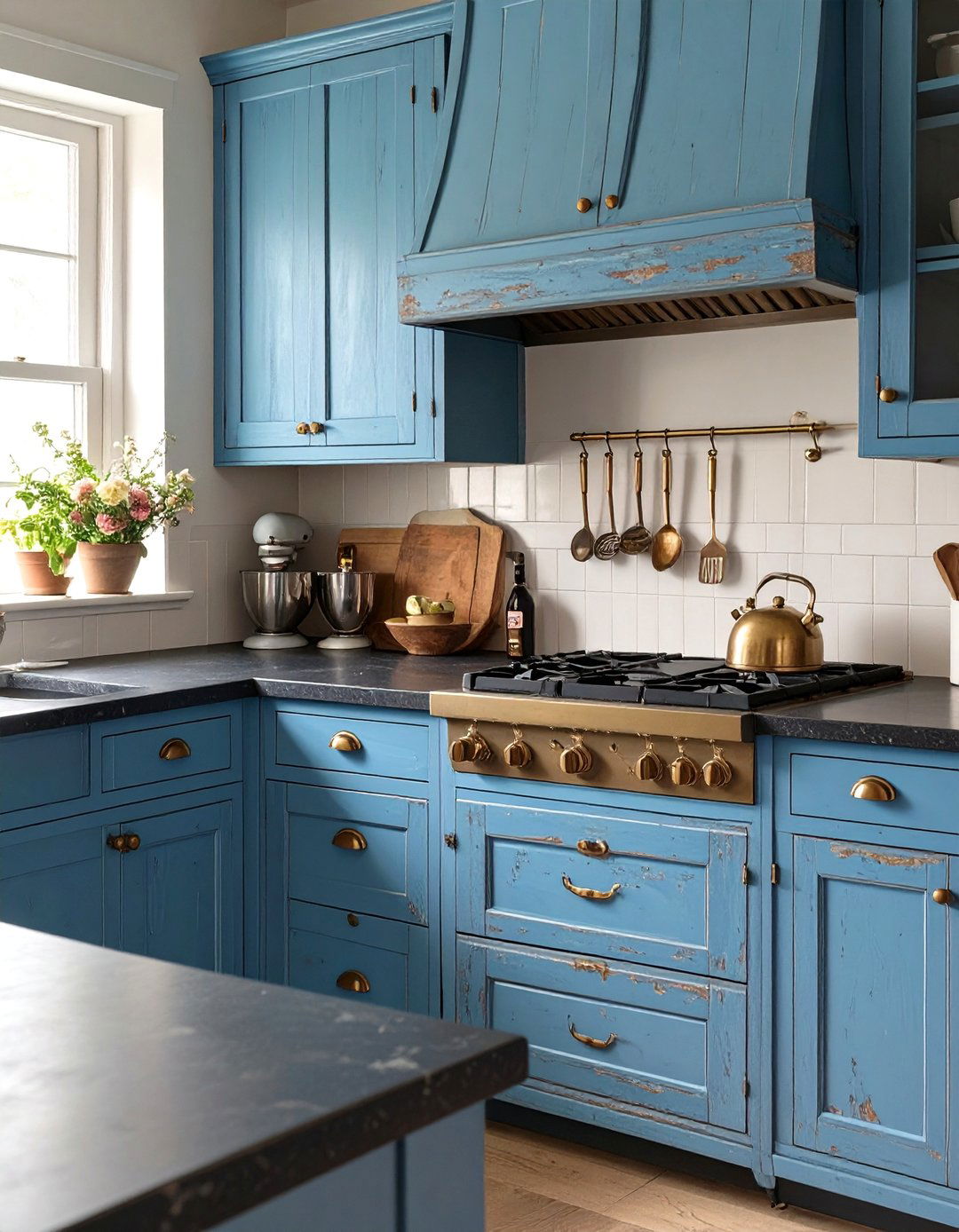 Faded Blue Kitchen for a Vintage Worn in Feel - 30 blue kitchen cabinets ideas