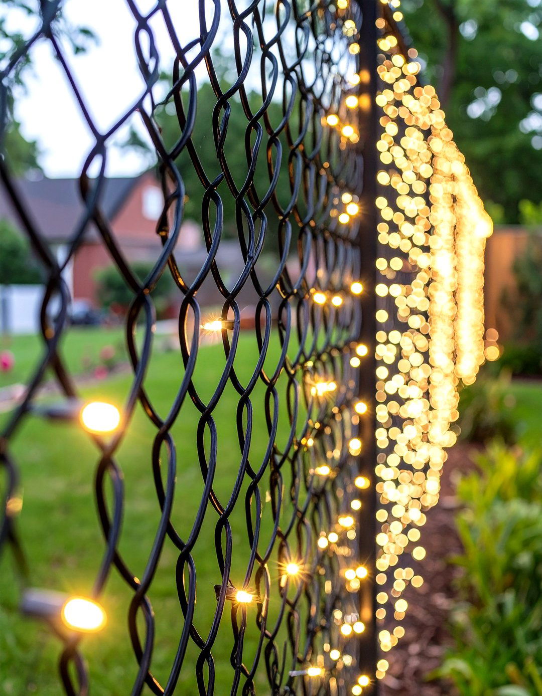 Fairy Lights Woven Through a Chain Link Fence - 30 outdoor fence lighting ideas