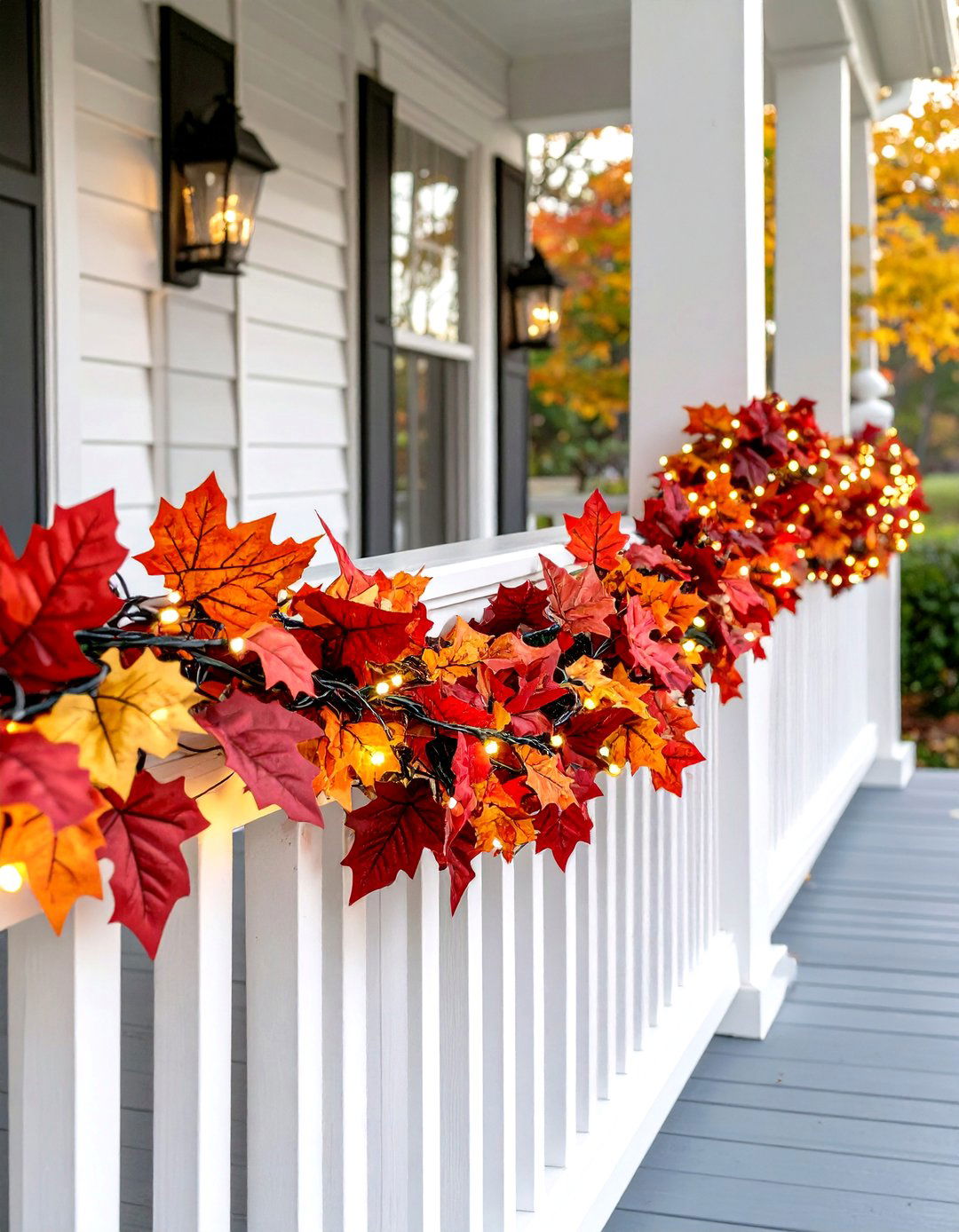 Fall Colored Leaf Garland on Railings - 30 outdoor fall decor ideas