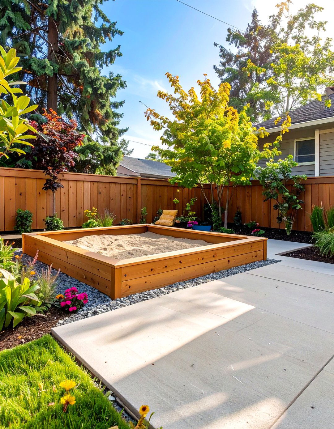 Family Friendly Cement Patio with a Built In Sandbox - 30 cement patio ideas