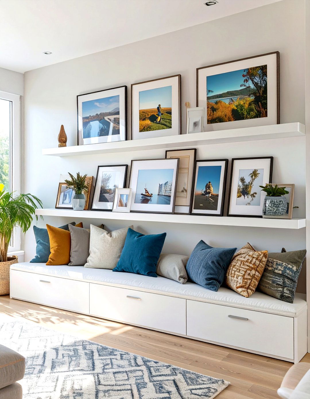 Family Photo Ledge Display - 30 wall pictures for living room ideas