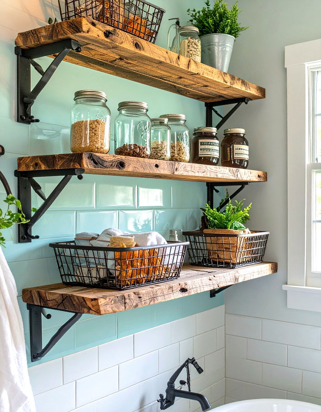 Farmhouse Bathroom Shelving with Brackets - 30 floating shelves bathroom ideas