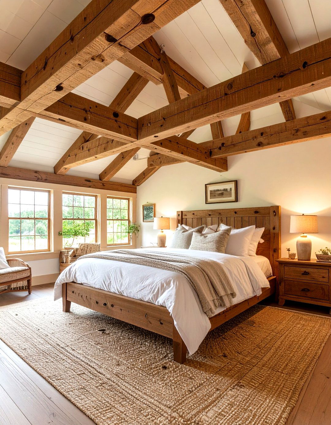 Farmhouse Bedroom with Exposed Beams - 30 farmhouse bedroom decor ideas