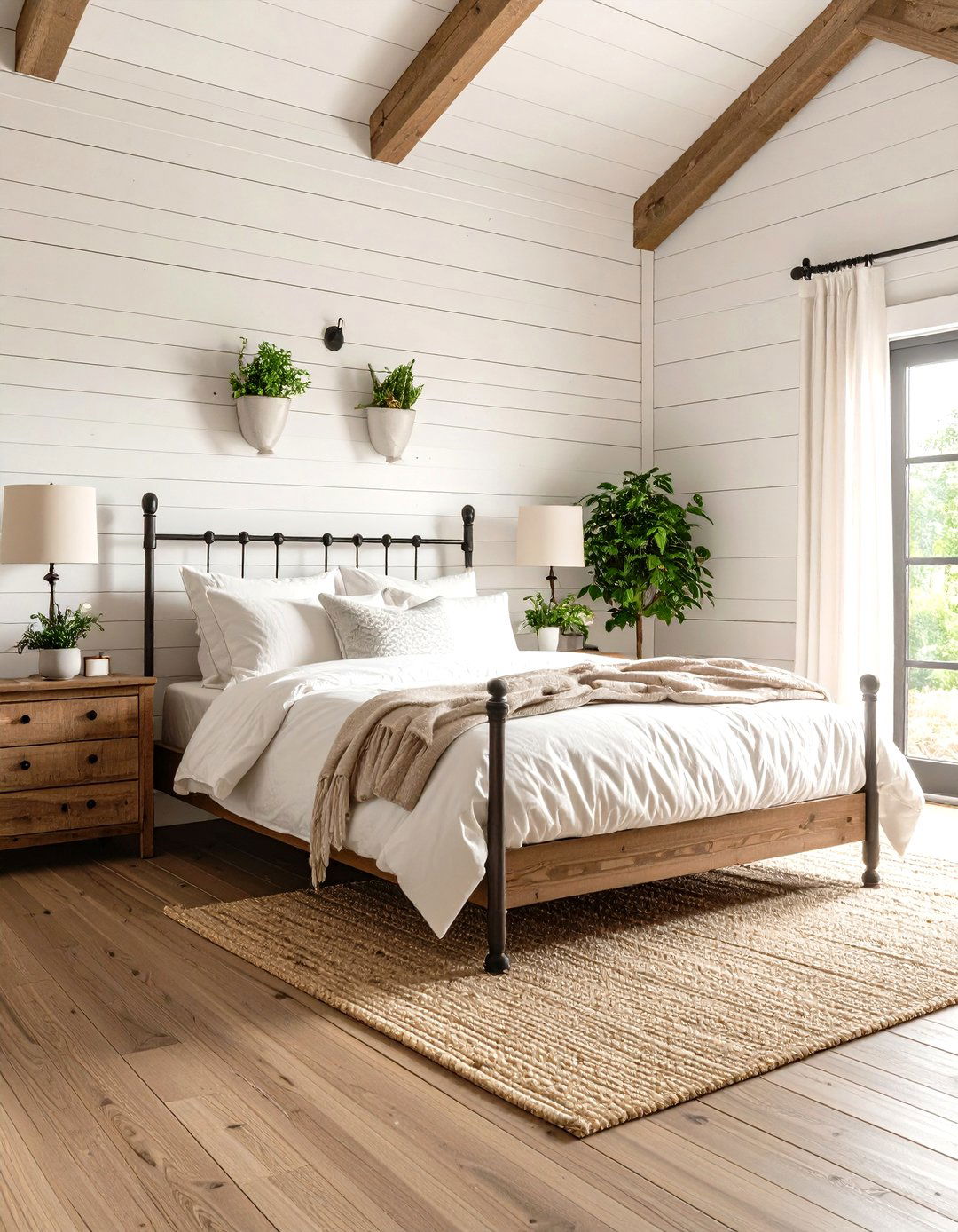Farmhouse Bedroom with Shiplap Walls - 30 farmhouse bedroom decor ideas
