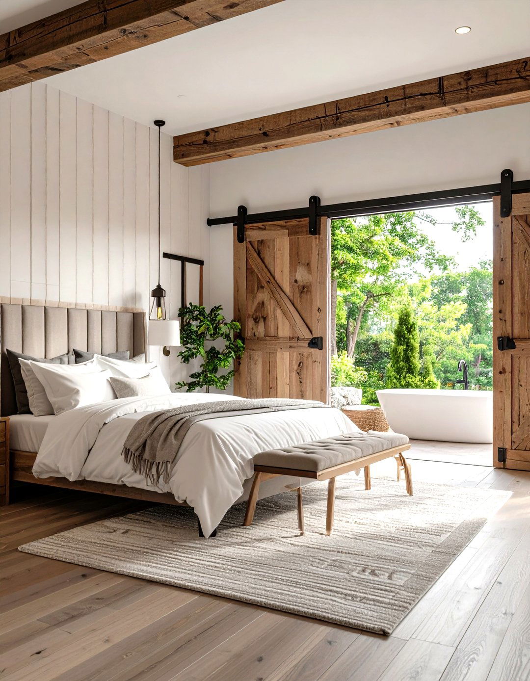 Farmhouse Bedroom with a Sliding Barn Door - 30 farmhouse bedroom decor ideas