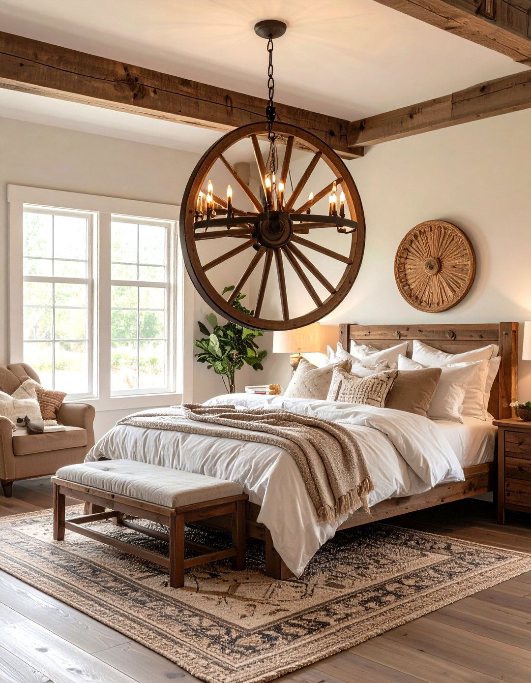 Farmhouse Bedroom with a Statement Light Fixture - 30 farmhouse bedroom decor ideas