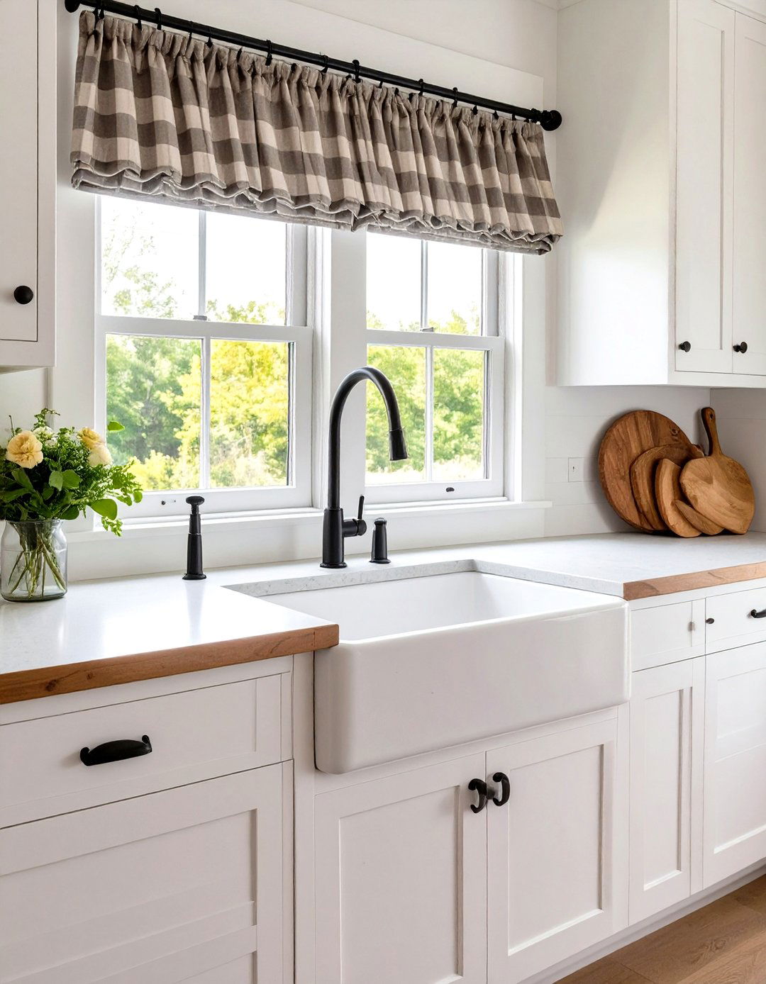 Farmhouse Charm with Buffalo Check Tiers - 30 kitchen curtain ideas above sink