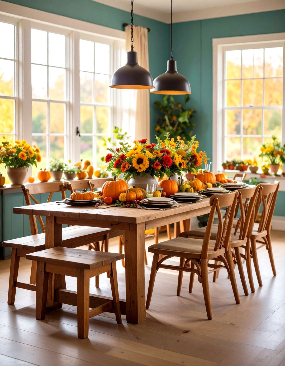 Farmhouse Dining Room with a Bench - 30 farmhouse interior design ideas